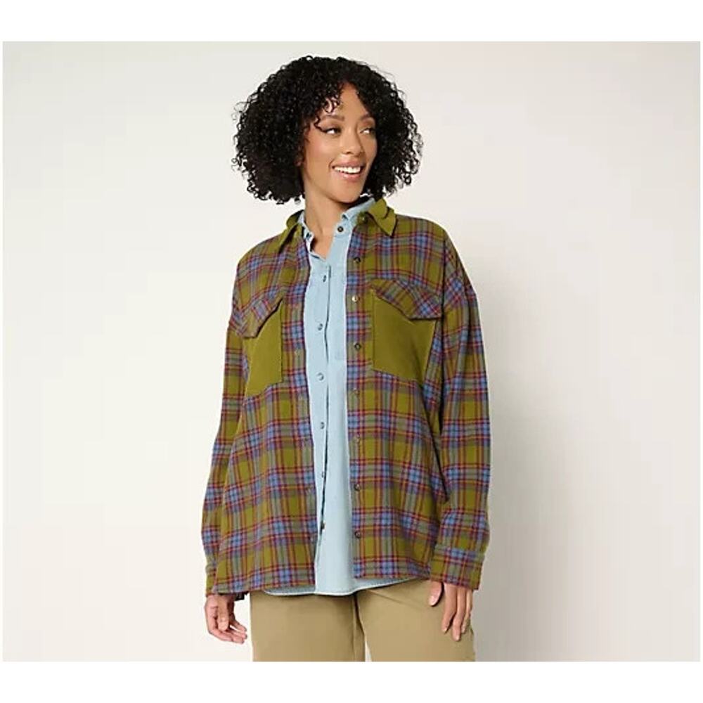 Peace Love World Brushed Flannel Plaid Jacket w/ Collar Avocado Large A725594